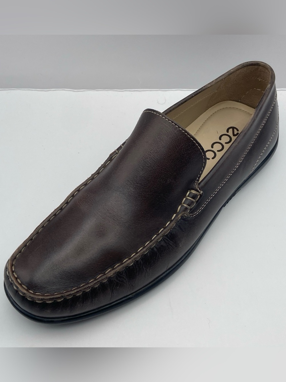 ECCO Brown Leather Driving Loafers Mens US 9.5 EU 43 Moc Toe Slip On